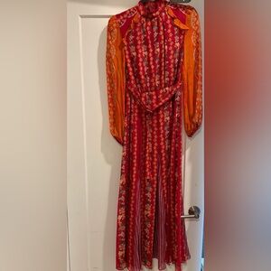 SALONI Red Maxi Dress with Orange Sheer Sleeves